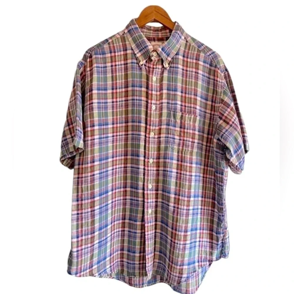 Vintage Brooks Brothers 100% linen plaid button down short Sleeve shirt. Size L